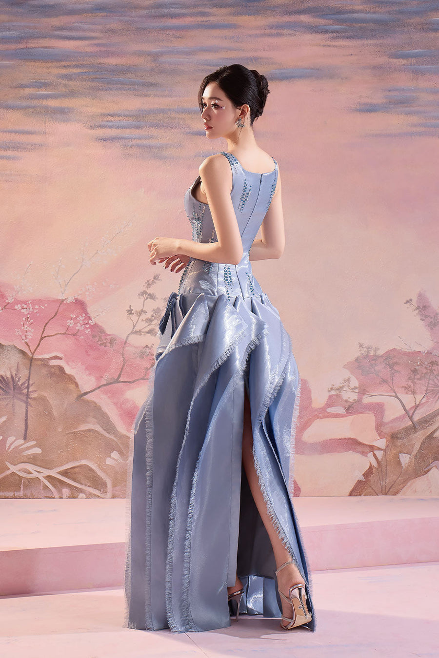 Ella Drop Waist Fringed Satin Floor Length Dress Maxi Dress Angeletta