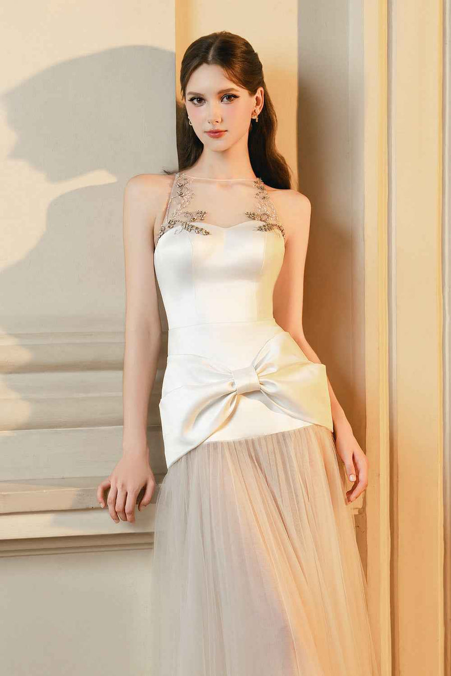 Cameron A-line Illusion Neck Mesh Maxi Dress