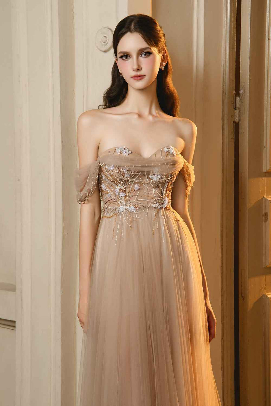 Leon A-line Off-Shoulder Mesh Maxi Dress