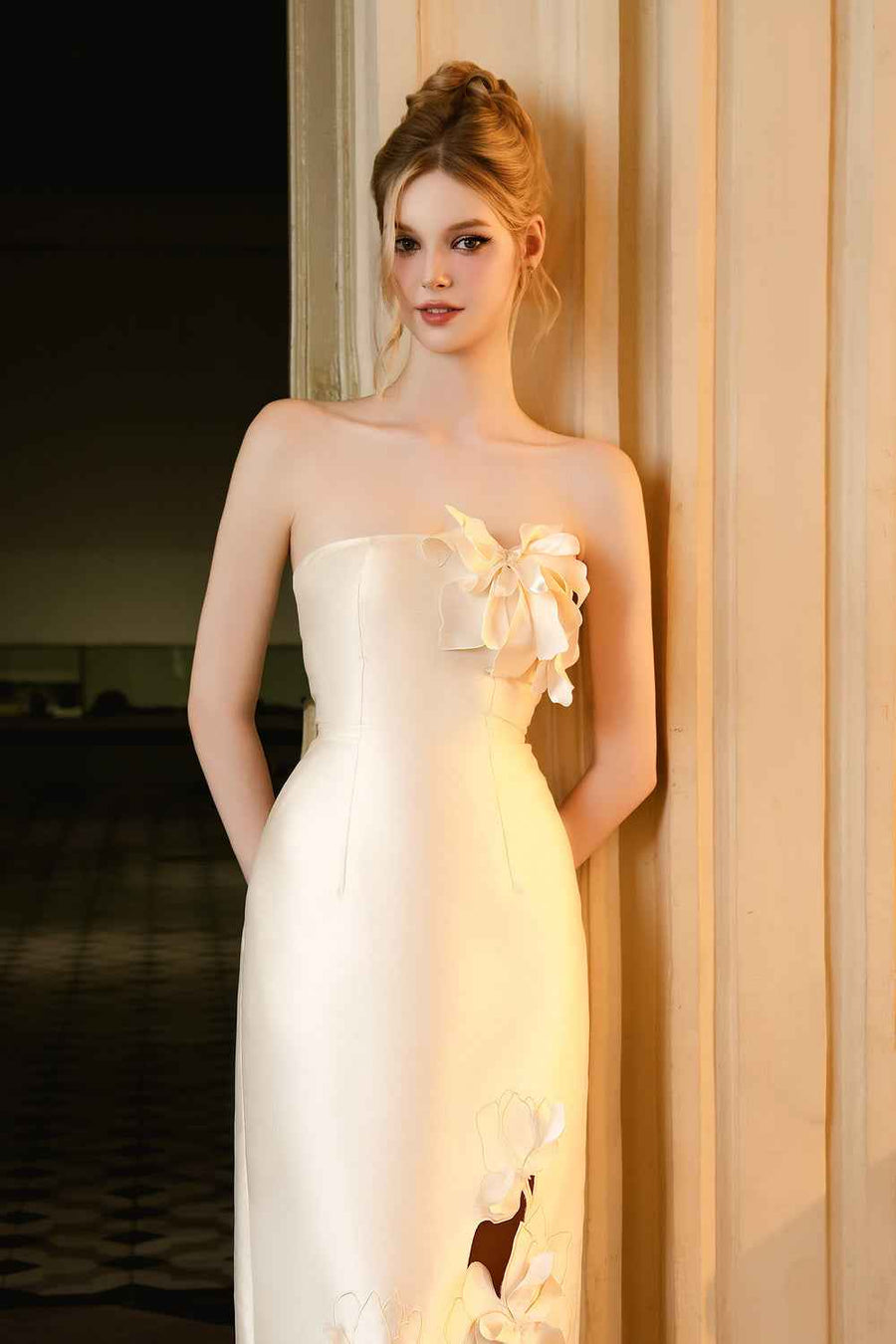 Graham Sheath Flower Applique Taffeta Midi Dress