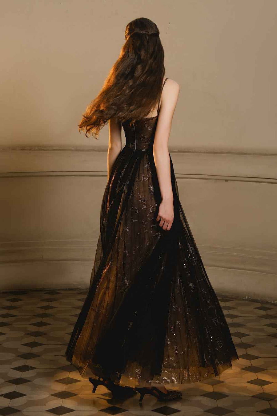 Delin A-line Spaghetti Strap Mesh Maxi Dress