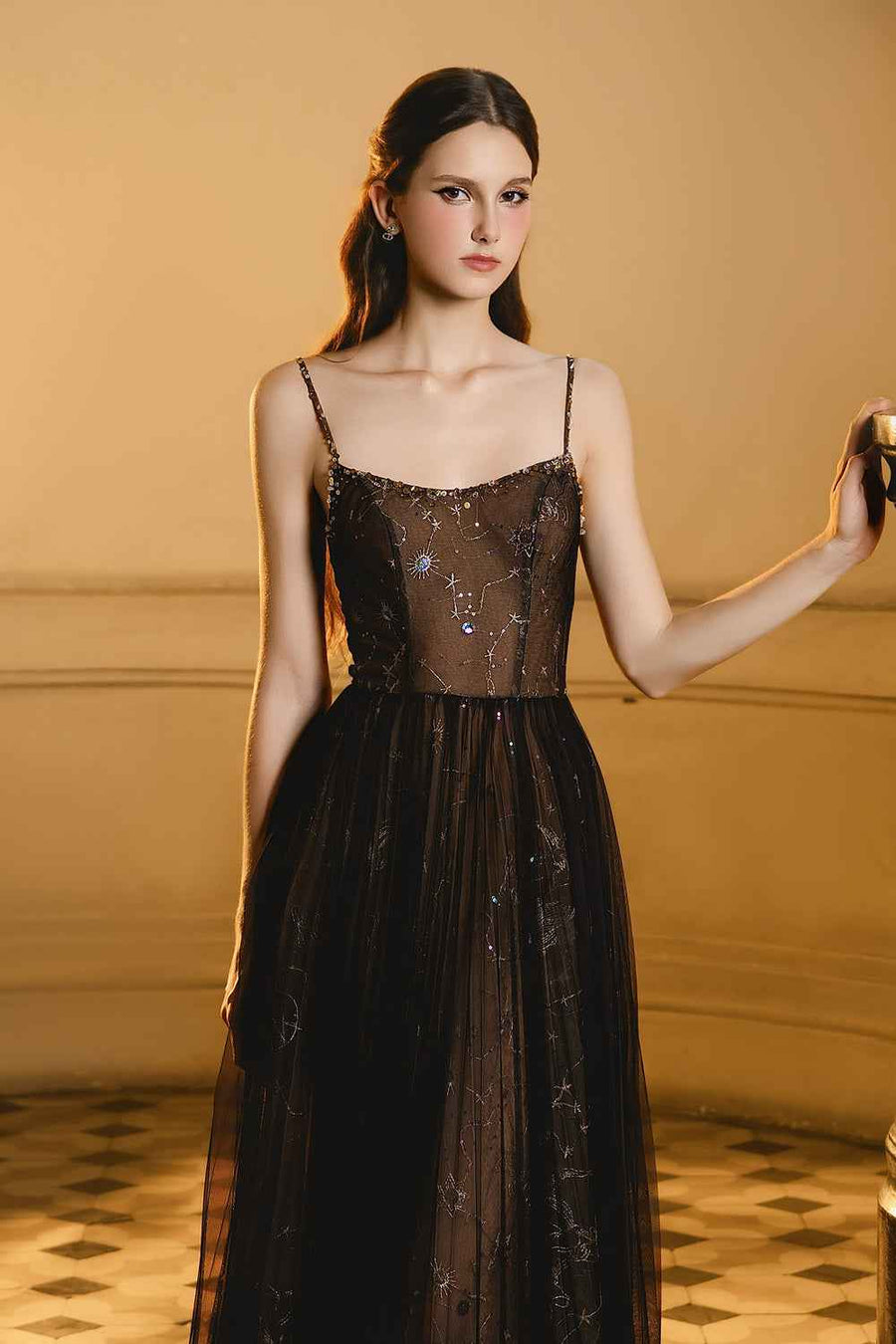 Delin A-line Spaghetti Strap Mesh Maxi Dress