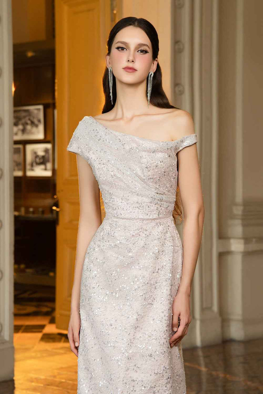 Jonathan Sheath Asymmetric Neck Sequin Maxi Dress
