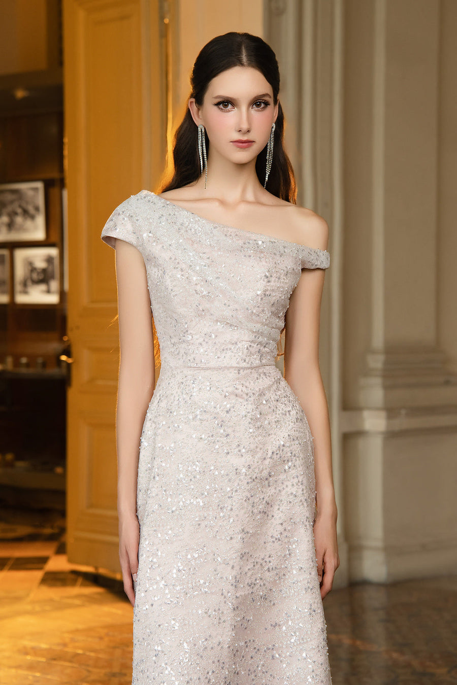Jonathan Sheath Asymmetric Neck Sequin Maxi Dress 4