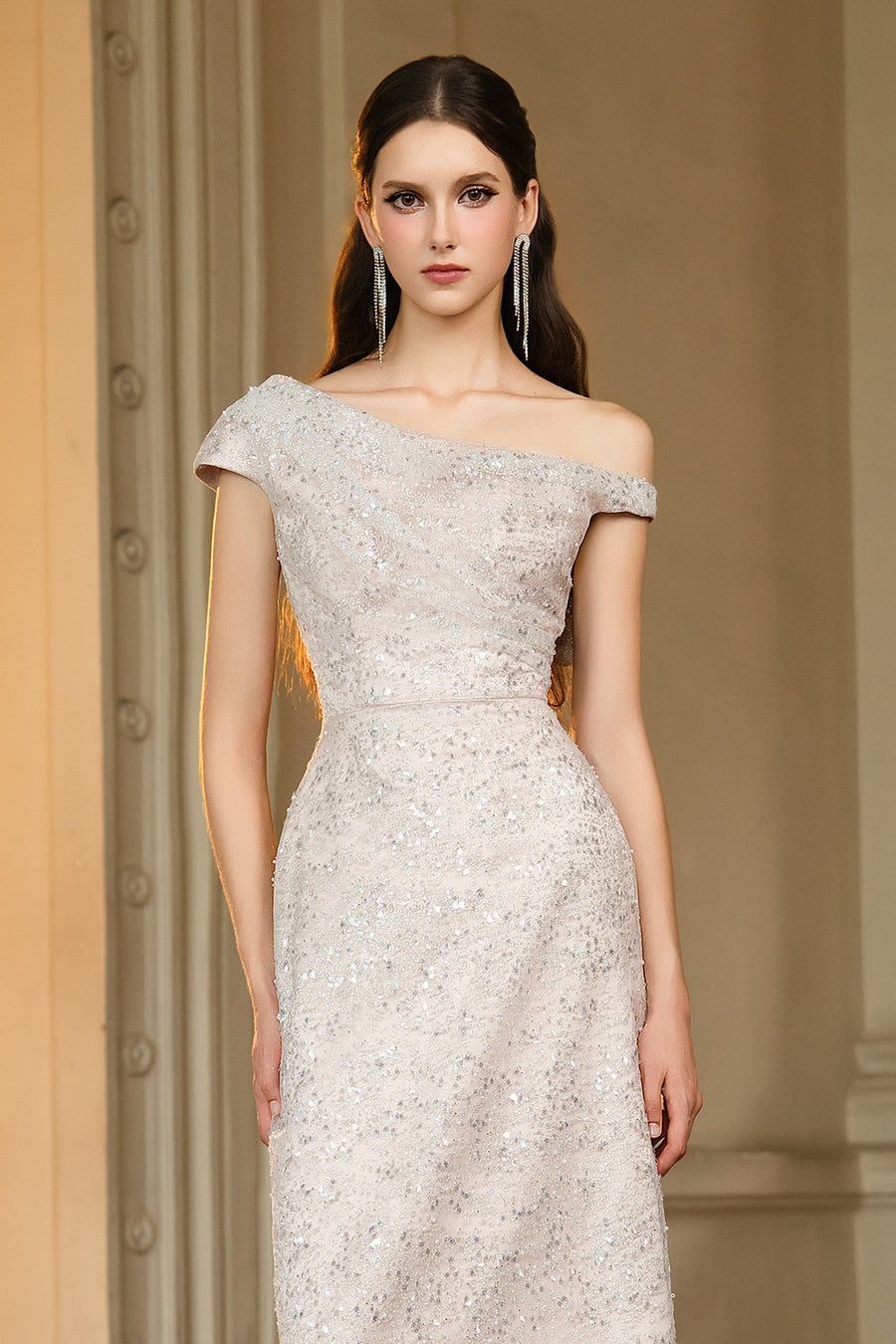 Jonathan Sheath Asymmetric Neck Sequin Maxi Dress 5