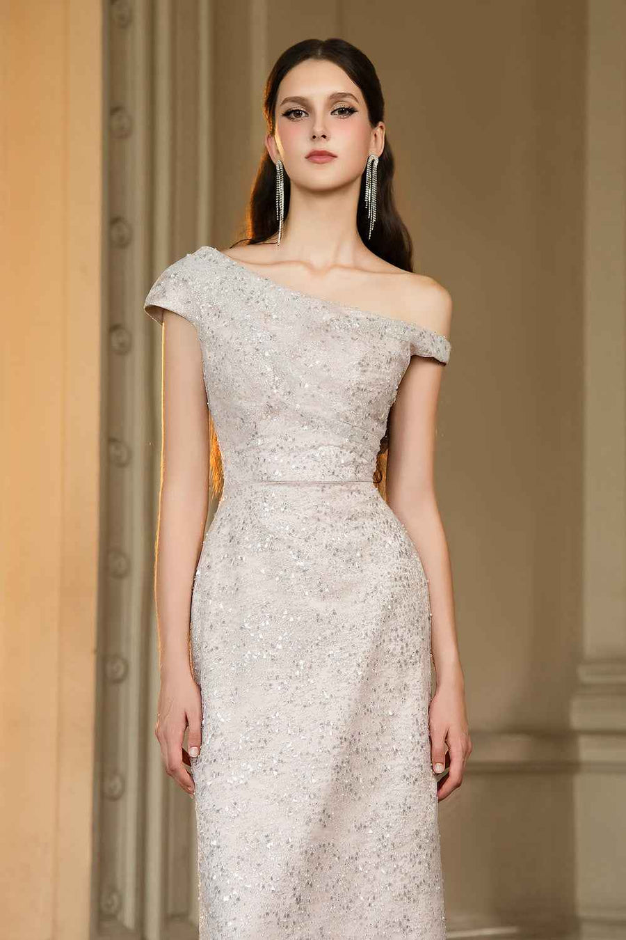 Jonathan Sheath Asymmetric Neck Sequin Maxi Dress