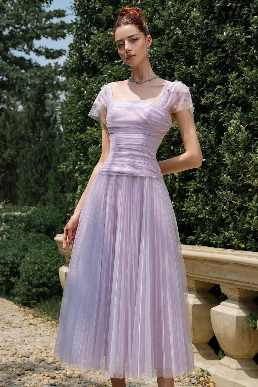 Angelic A-line Square Neck Tulle Ankle Length Dress Purple Maxi Dress Calista de Minh Thanh