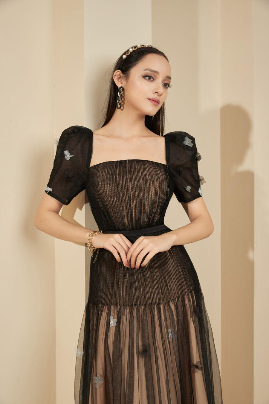 Aniston Pleated Puffy Sleeved Mesh Sheer Dress 2