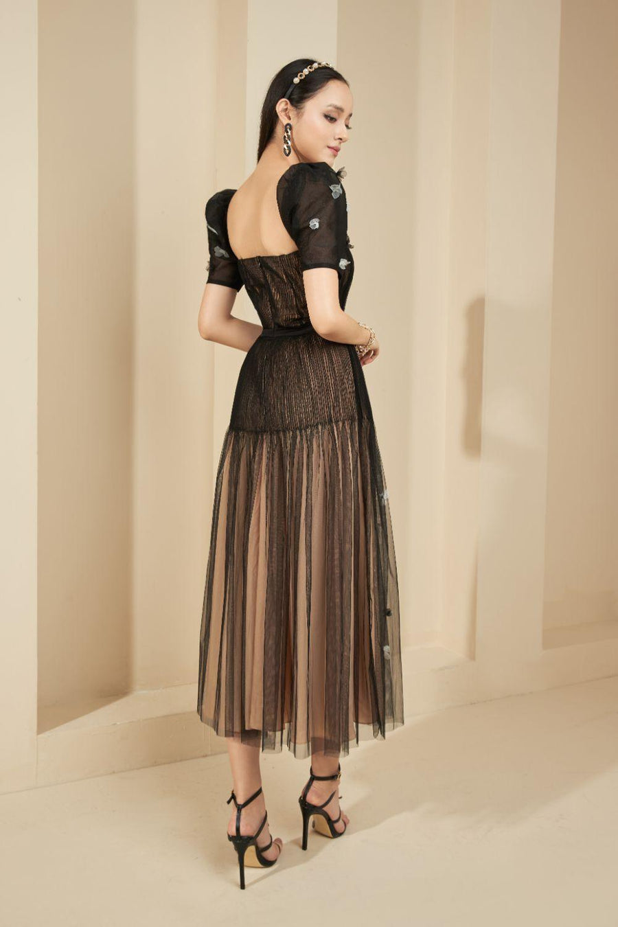 Aniston Pleated Puffy Sleeved Mesh Sheer Dress 3