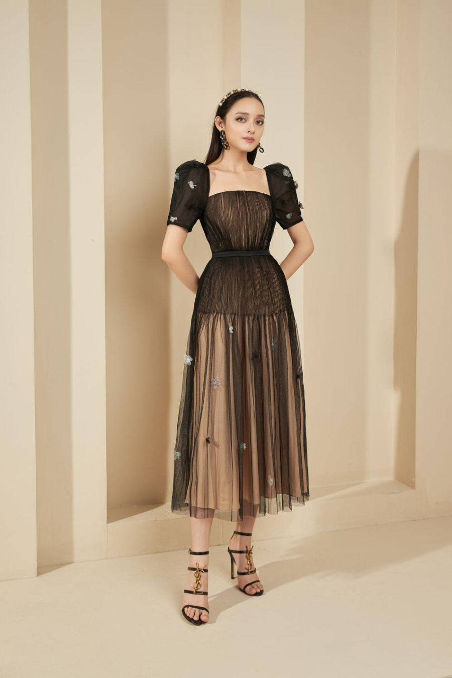 Aniston Pleated Puffy Sleeved Mesh Sheer Dress 4