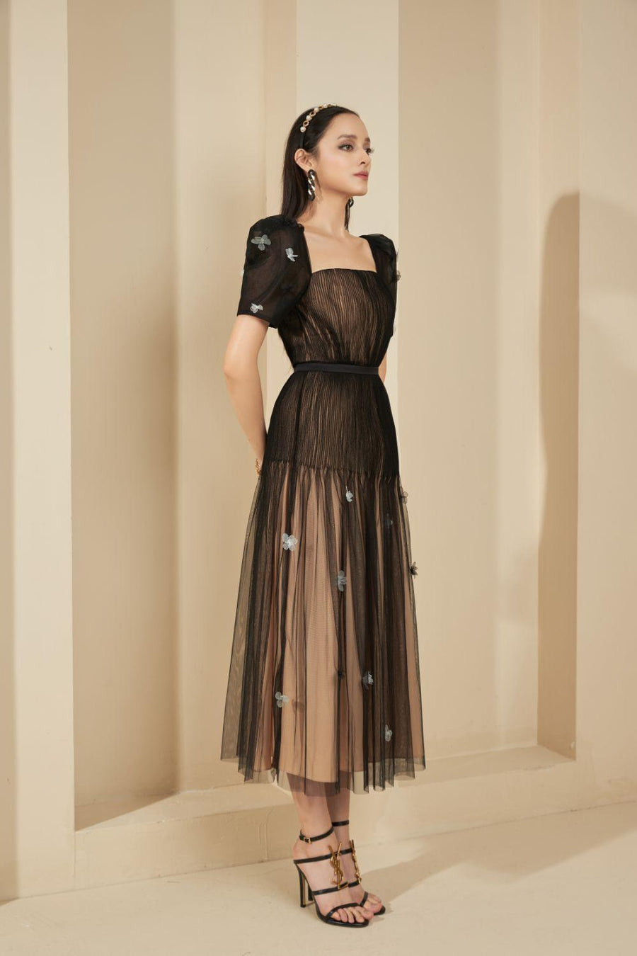 Aniston Pleated Puffy Sleeved Mesh Sheer Dress 5
