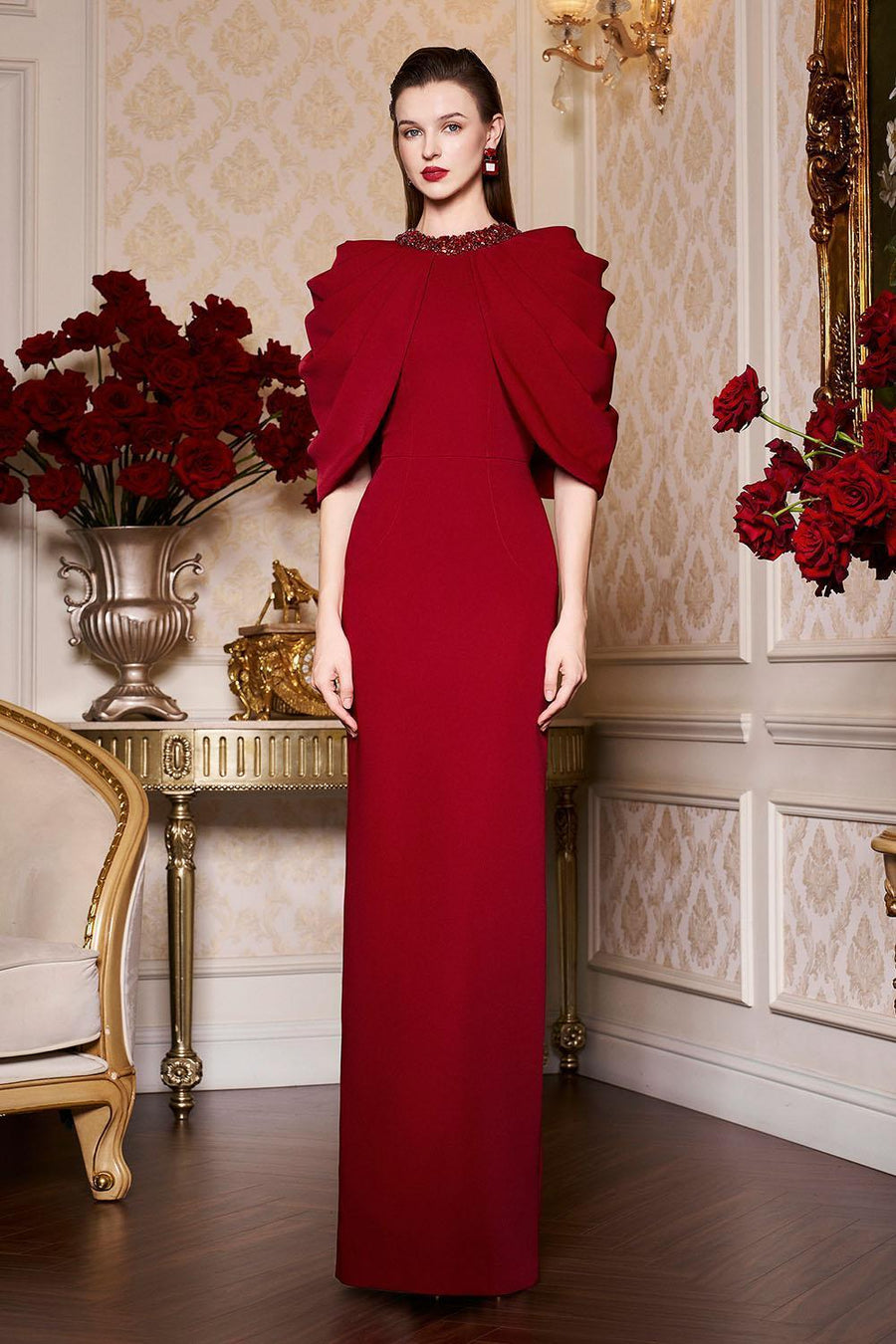 Aniyah Sheath Cape Shoulder Crepe Floor Length Dress Gown Dress I.H.F Atelier