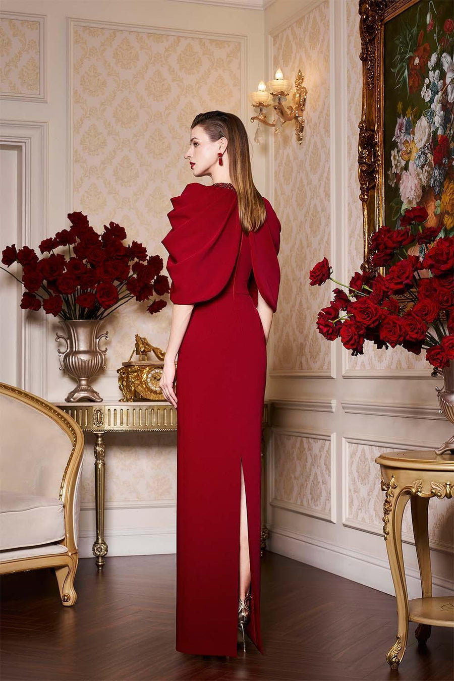 Aniyah Sheath Cape Shoulder Crepe Floor Length Dress Gown Dress I.H.F Atelier