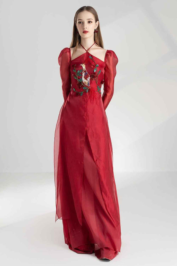 Annie A-line Puffy Sleeved Silk Organza Floor Length Ao Dai Set