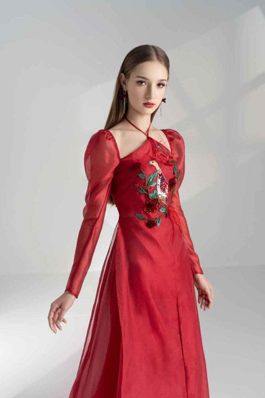 Annie A-line Puffy Sleeved Silk Organza Floor Length Ao Dai Set