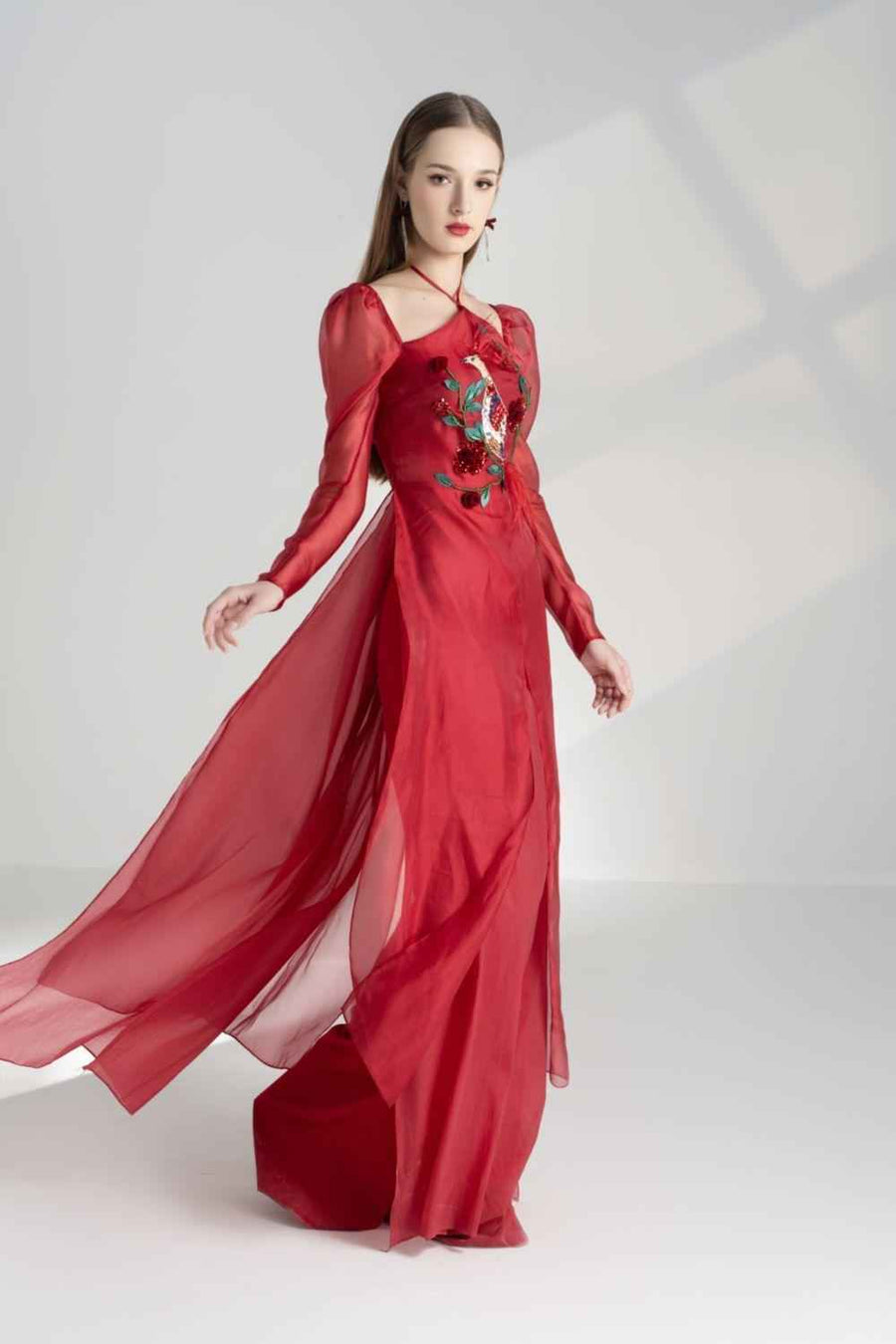 Annie A-line Puffy Sleeved Silk Organza Floor Length Ao Dai Set