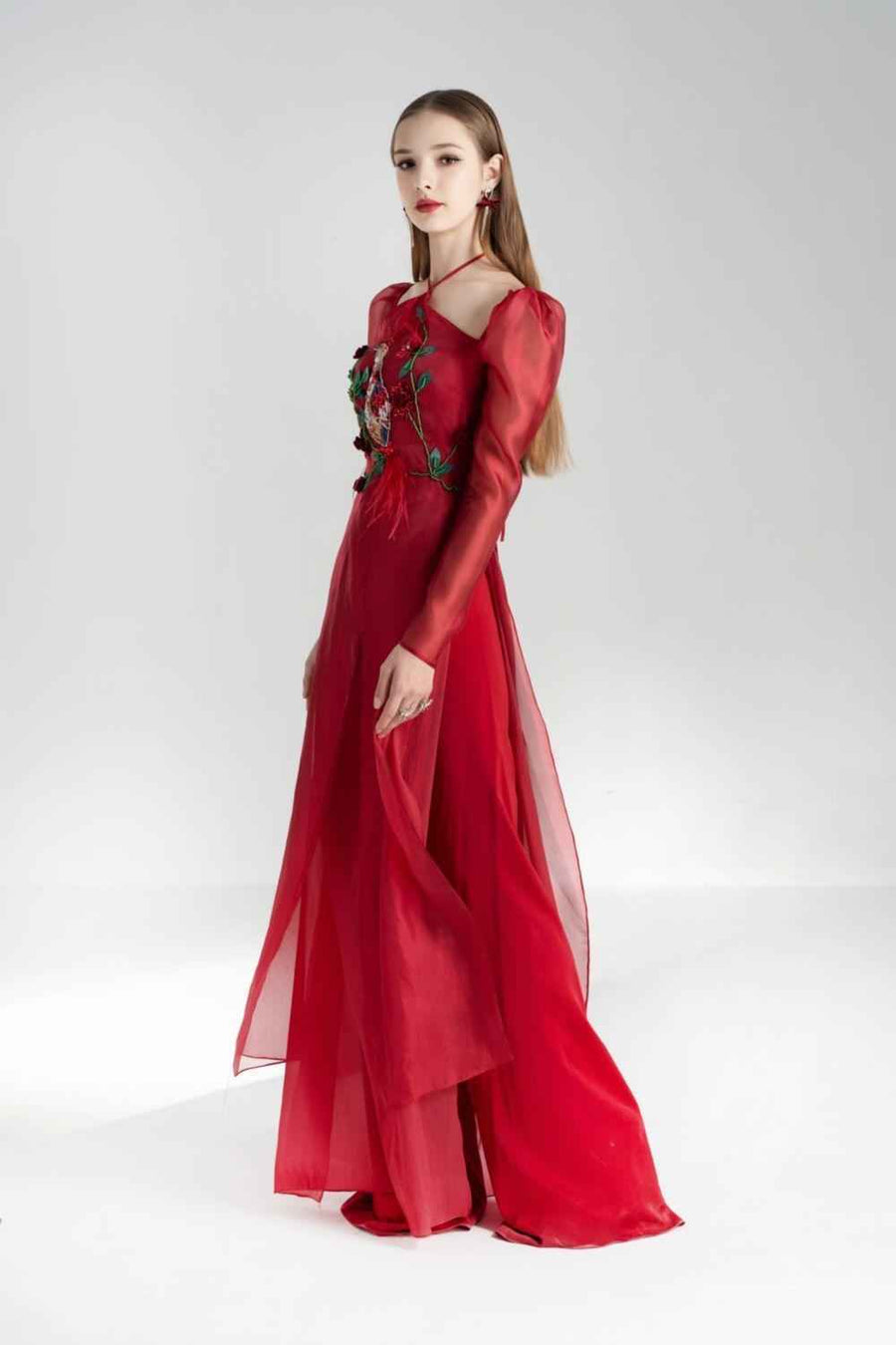 Annie A-line Puffy Sleeved Silk Organza Floor Length Ao Dai Set
