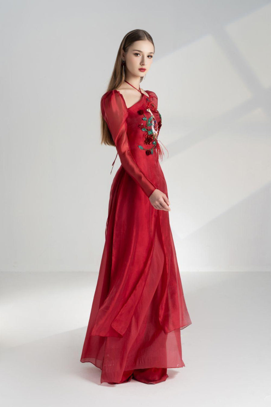 Annie A-line Puffy Sleeved Silk Organza Floor Length Ao Dai Set 6