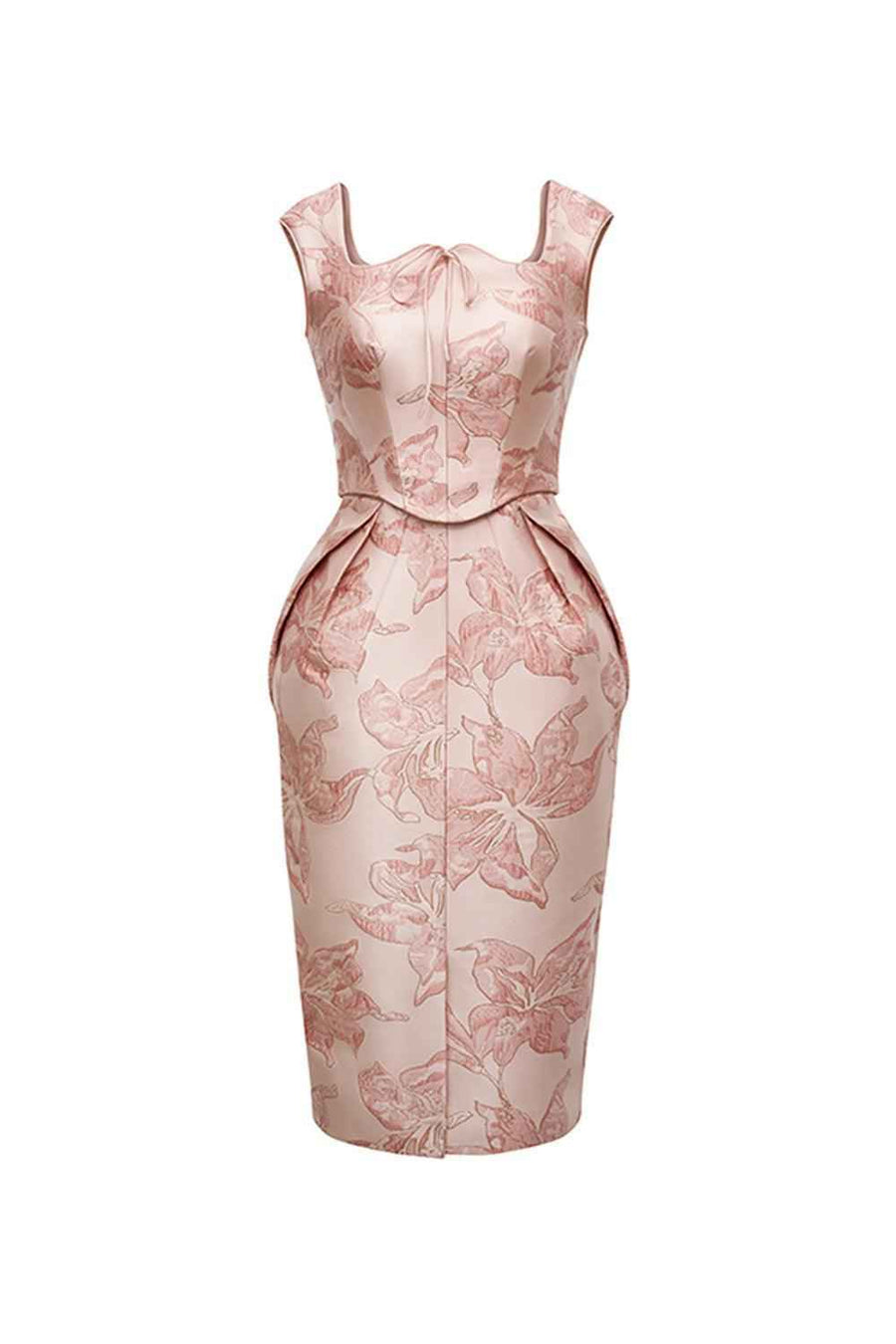 Antoinette Pegged Curved Neck Brocade Midi Dress