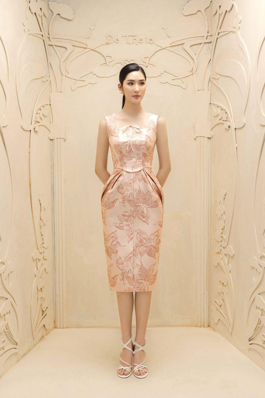 Antoinette Pegged Curved Neck Brocade Midi Dress 6