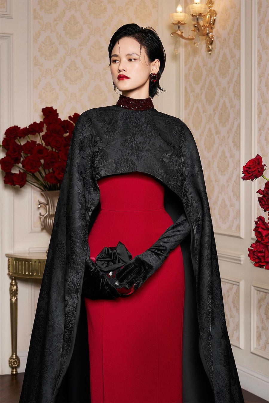 Antonella Sheath Cape Sleeved Silk Floor Length Dress Gown Dress I.H.F Atelier