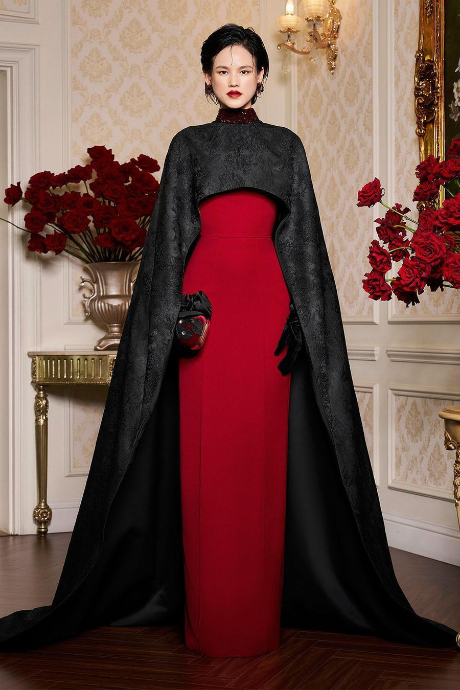 Antonella Sheath Cape Sleeved Silk Floor Length Dress Gown Dress I.H.F Atelier