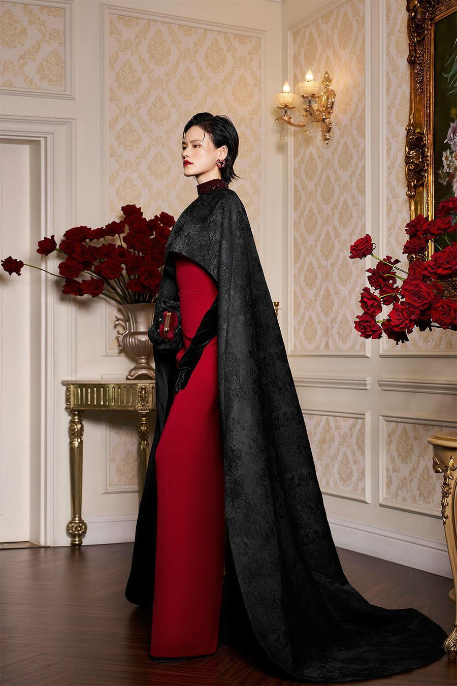 Antonella Sheath Cape Sleeved Silk Floor Length Dress Gown Dress I.H.F Atelier