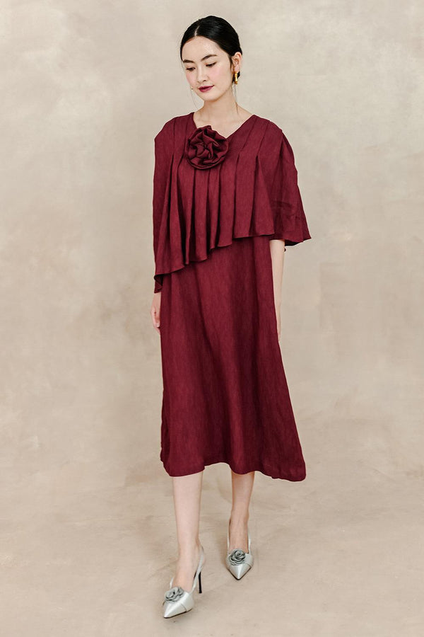 Anya Straight Cape Sleeved Silk Midi Dress