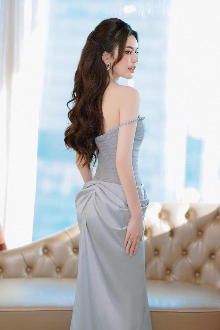 Aphrodite Sarong Waist Pleated Satin Floor Length Dress Maxi Dress Calista de Minh Thanh