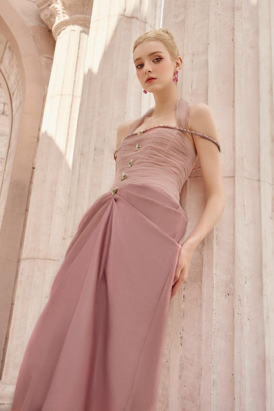 Aphrodite Sarong Waist Pleated Satin Floor Length Dress Maxi Dress Calista de Minh Thanh