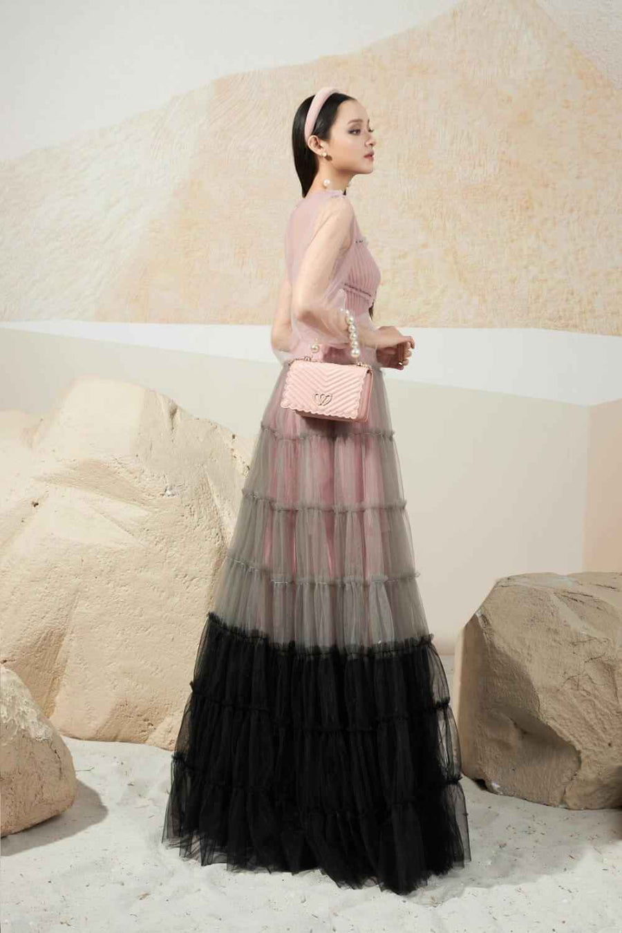 Applegate Tiered Poet Sleeved Mesh Sheer Maxi Dress
