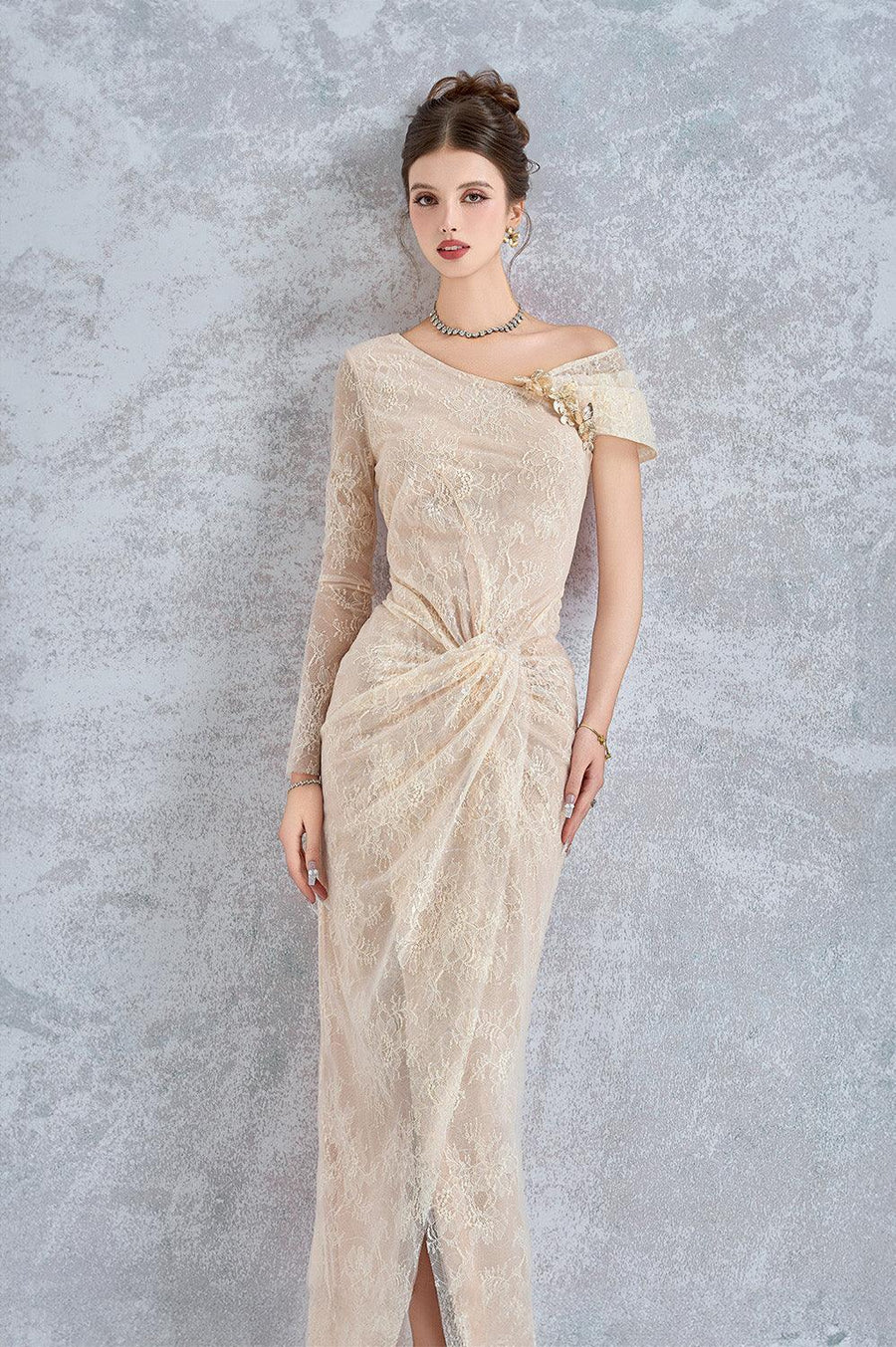 Arcturus Sarong Asymmetric Neck Mesh Lace Floor Length Dress Gown Dress Calista de Minh Thanh