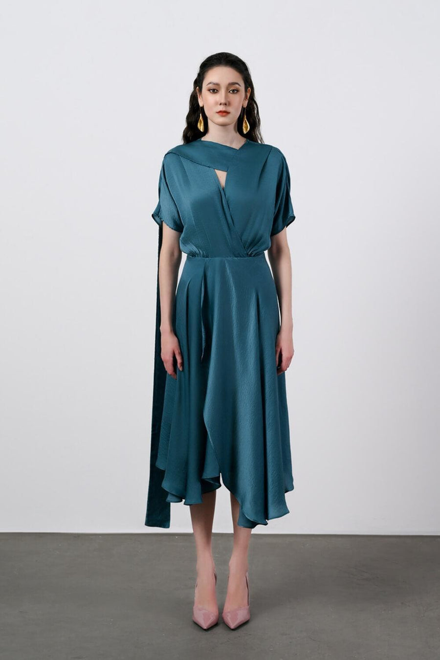 Ariel Asymmetric Short Sleeved Silk Midi Dress 7