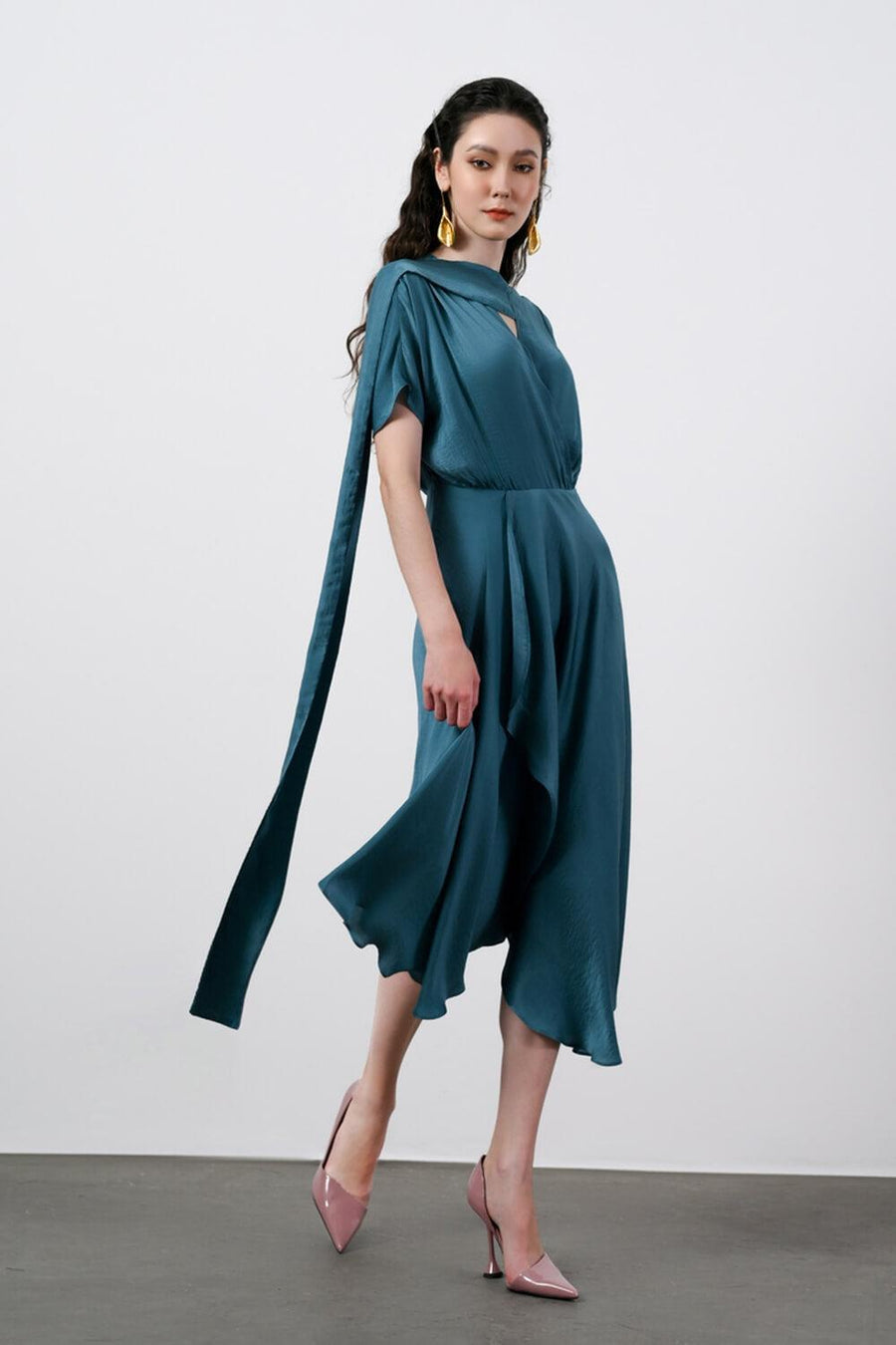 Ariel Asymmetric Short Sleeved Silk Midi Dress 8