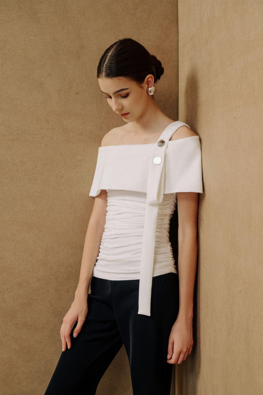 Ariel Gathered One Shoulder Cotton Spandex Top Shirt Eegen Studio