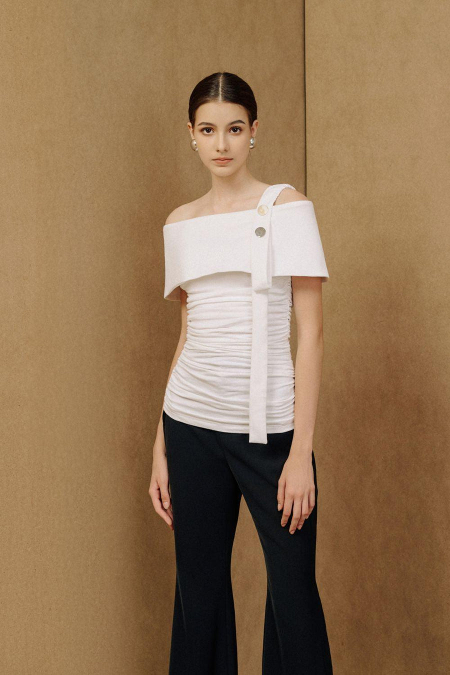 Ariel Gathered One Shoulder Cotton Spandex Top White Shirt Eegen Studio