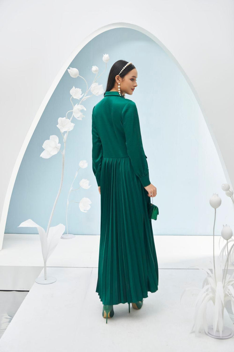 Ariel Pleated Collared Neck Taffeta Ankle Length Dress 11