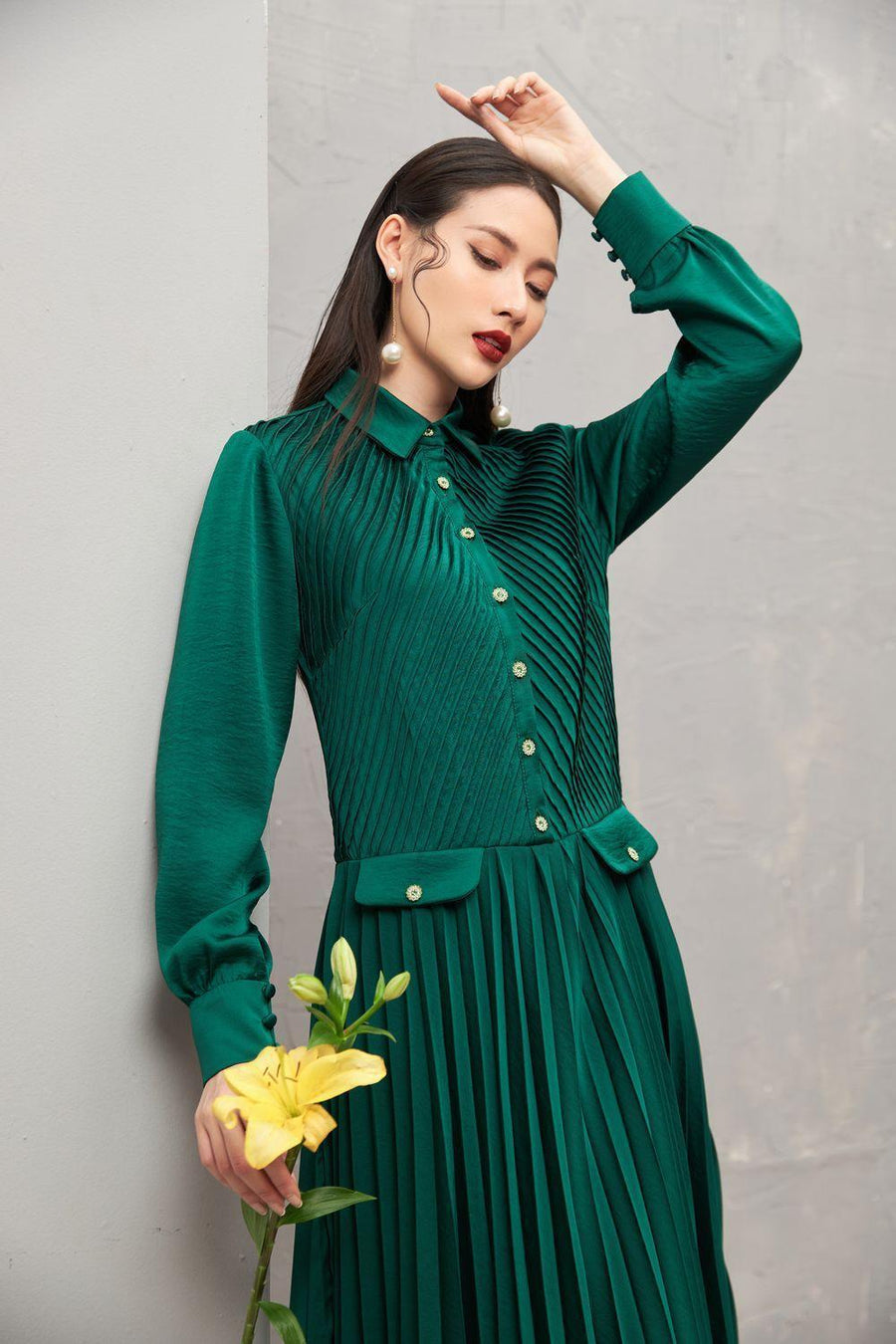 Ariel Pleated Collared Neck Taffeta Ankle Length Dress 2