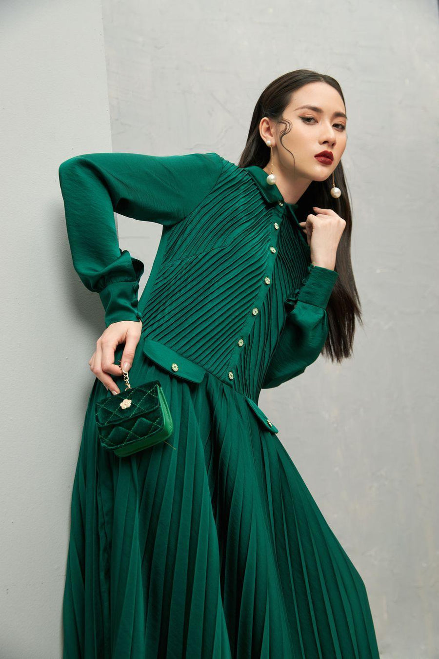 Ariel Pleated Collared Neck Taffeta Ankle Length Dress 3