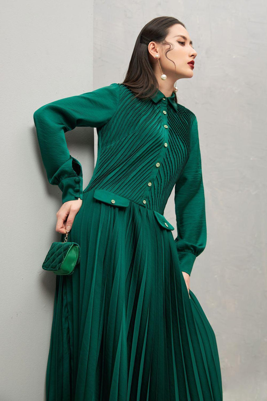 Ariel Pleated Collared Neck Taffeta Ankle Length Dress 4