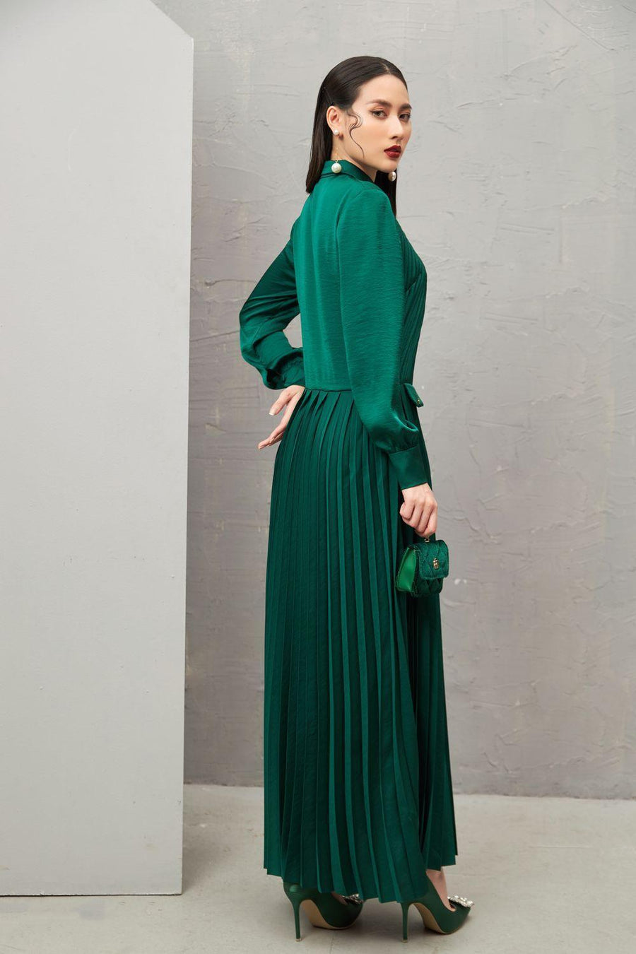 Ariel Pleated Collared Neck Taffeta Ankle Length Dress 5