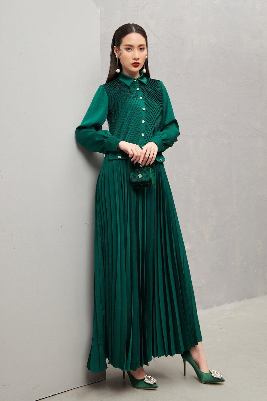 Ariel Pleated Collared Neck Taffeta Ankle Length Dress 6