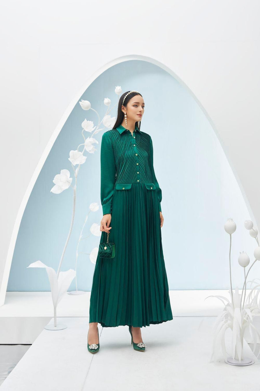 Ariel Pleated Collared Neck Taffeta Ankle Length Dress 7