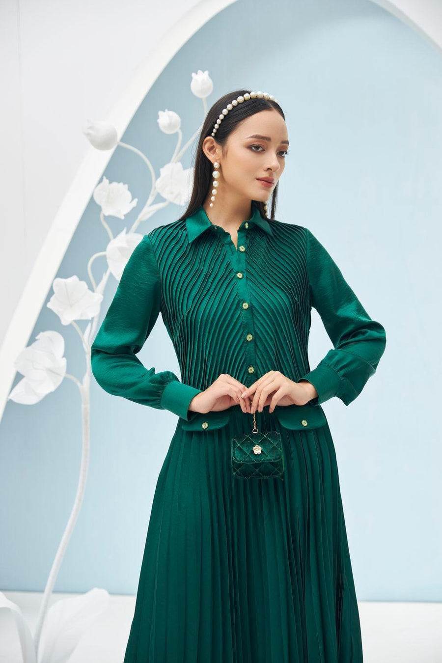 Ariel Pleated Collared Neck Taffeta Ankle Length Dress 9