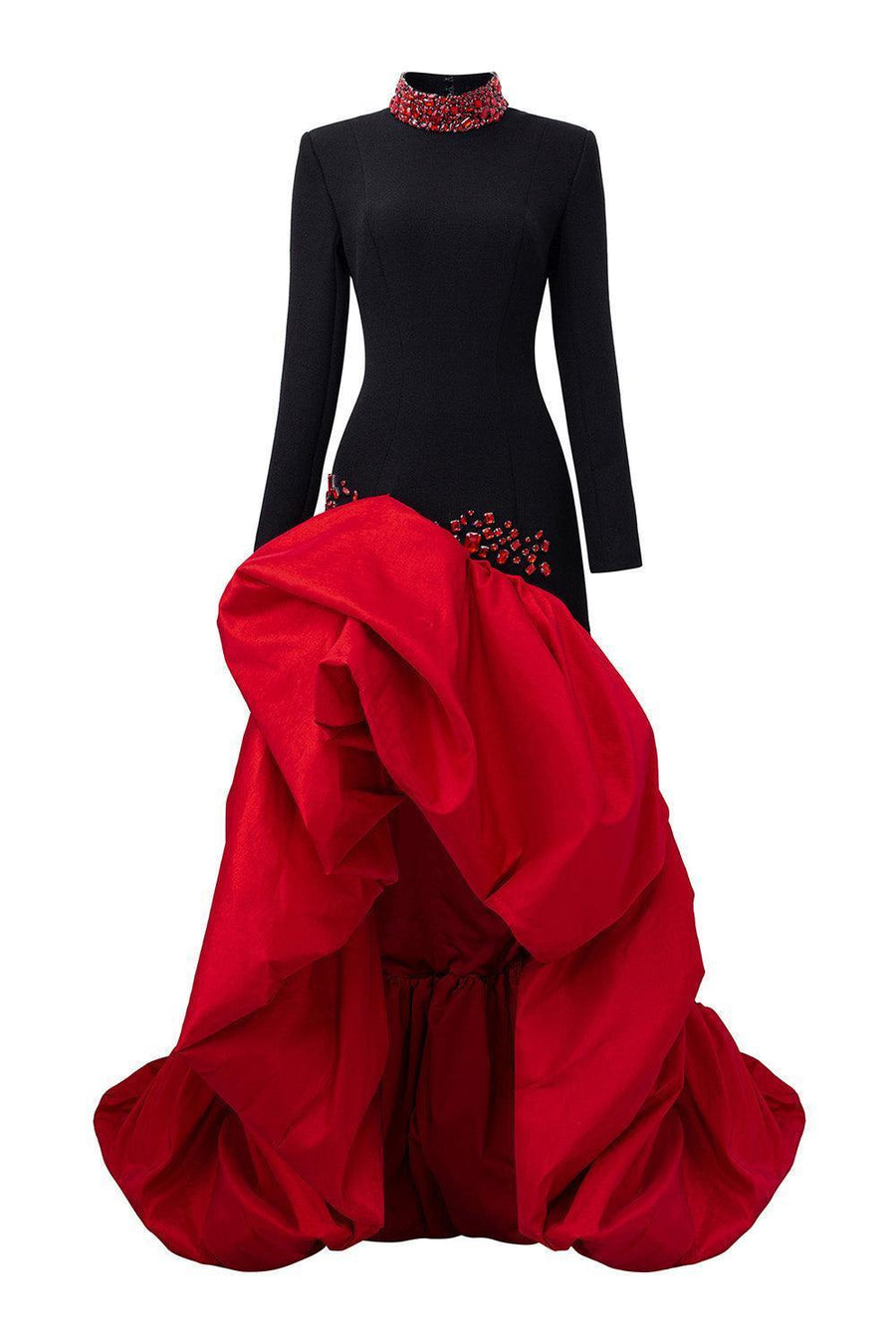 Ariya Asymmetric High Neck Scuba Extra Long Length Dress Black Red Gown Dress I.H.F Atelier