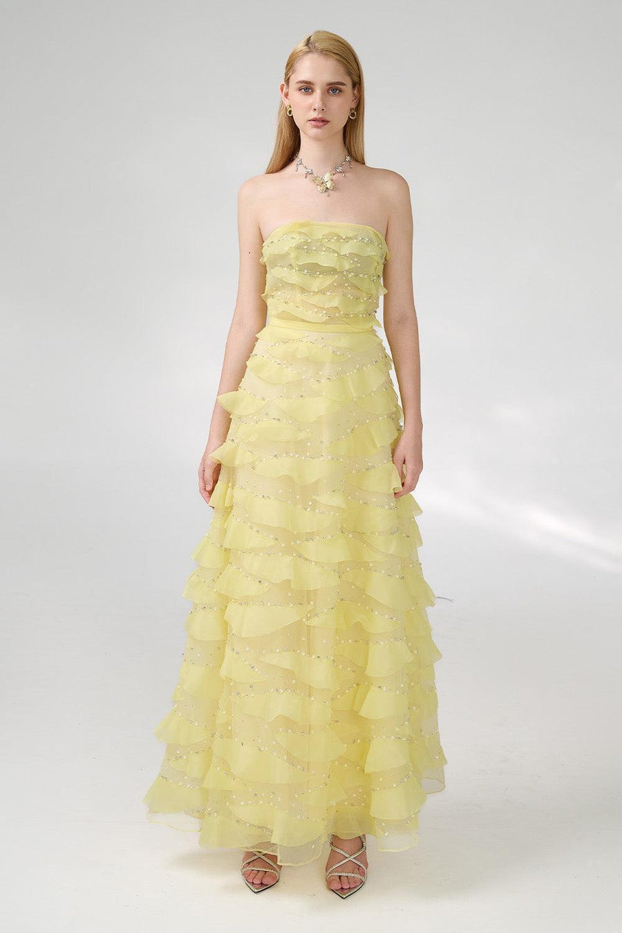 Arjun Strapless Stone Organza Floor Length Dress 14