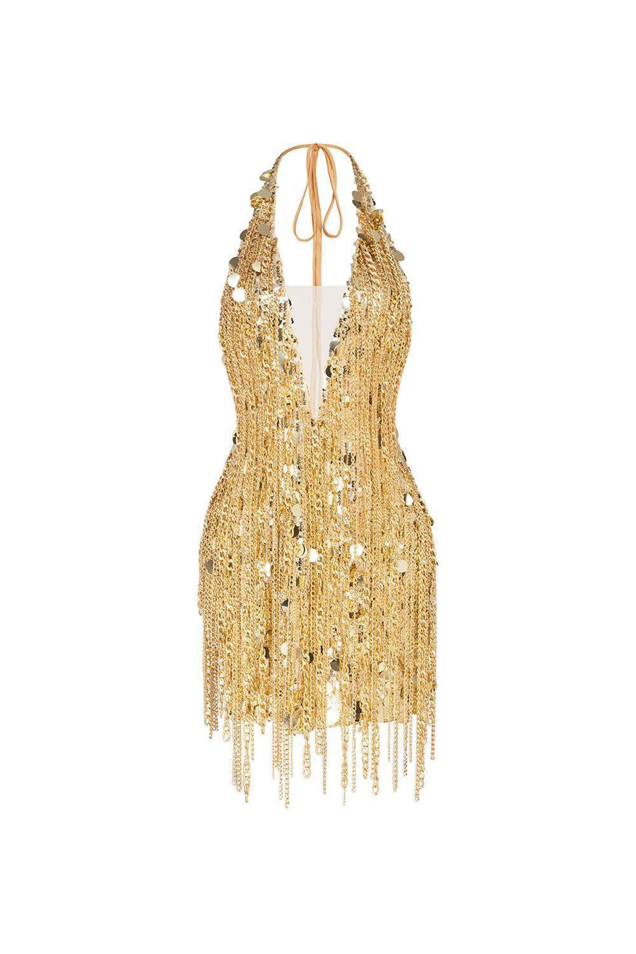 Arlette Halter Sleeveless Mesh Sequin Mini Dress Gold Mini Dress LASSY
