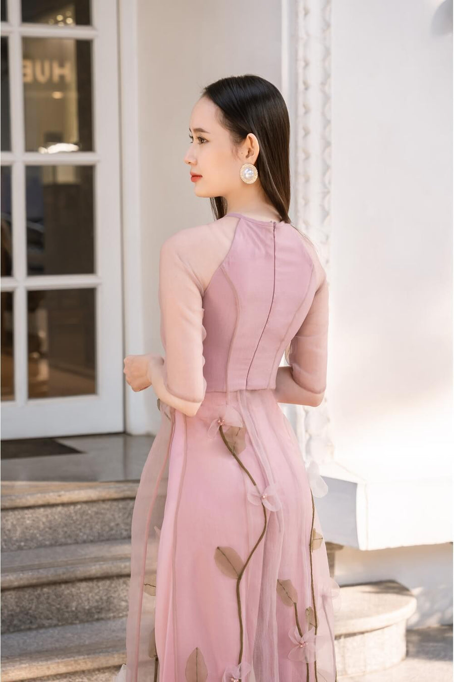 Arya Fitted Middle Sleeved Organza Long Length Ao Dai Set 2