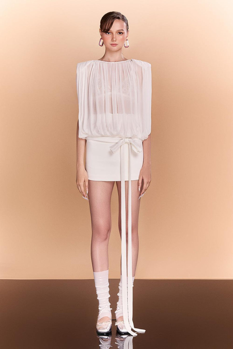 Aspen Gathered See-Through Chiffon Top Sleeveless Top CEM
