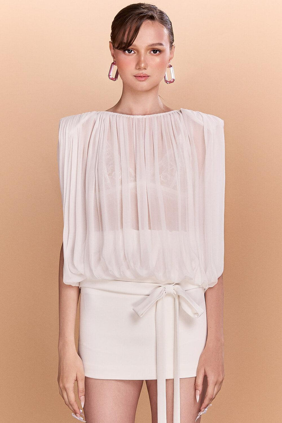 Aspen Gathered See-Through Chiffon Top Sleeveless Top CEM